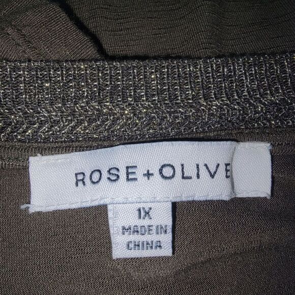 Rose + Olive Green Metallic Knit Detail 3/4 Sleeve Plus Size Tunic Top 1x - Picture 4 of 5